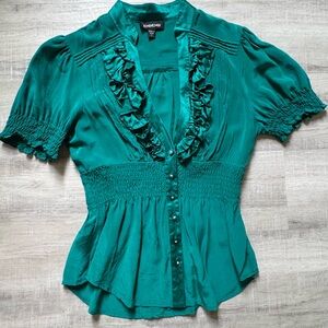 bebe Teal Ruffled Smocked Waist Blouse